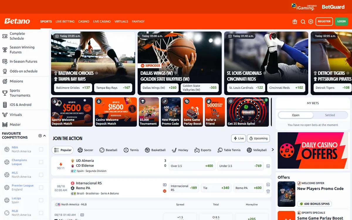Betano Casino — «Главная», снято из страны Канада