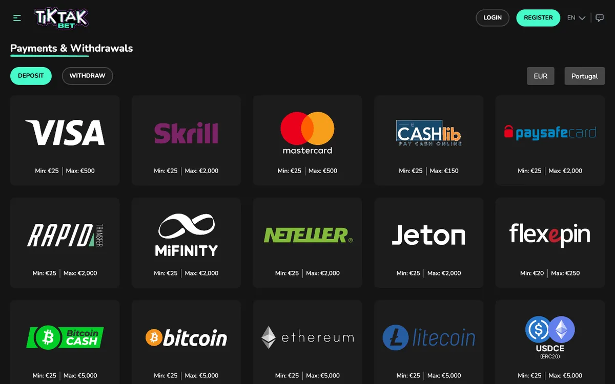TikTak Bet Casino — Payments, captured from Portugal