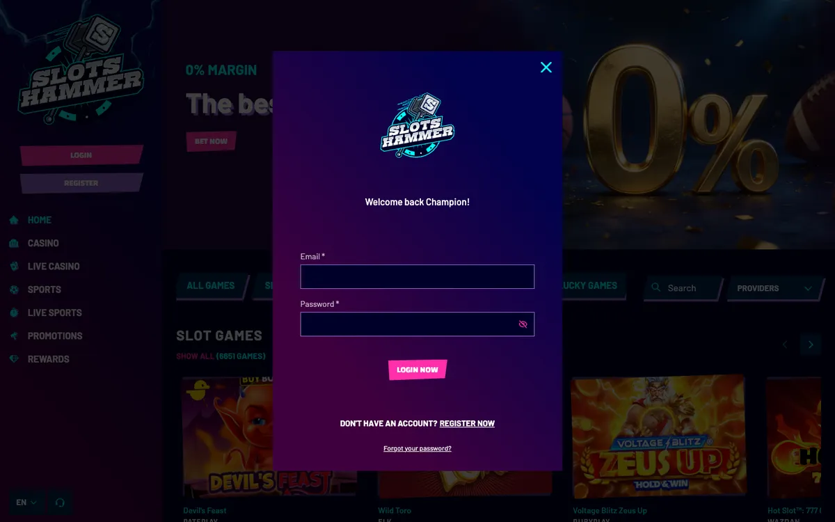 Slots Hammer Casino — Sign-up, captured from Austria