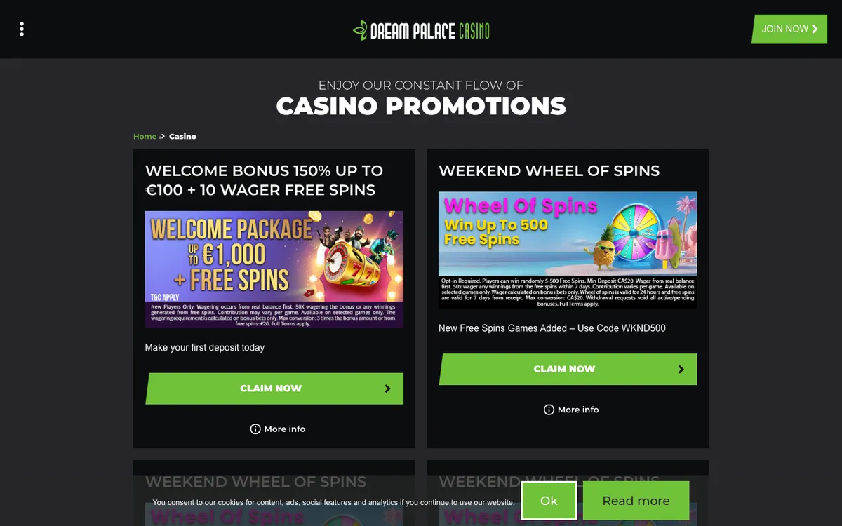 Dream Palace Casino — Promotions, captured from Austria
