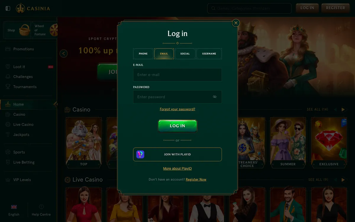 Casinia Casino — Sign-up, captured from South Africa