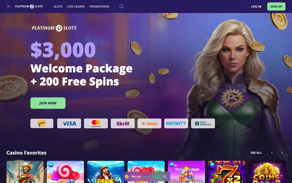 Platinumslots Casino — Home page, captured from Canada