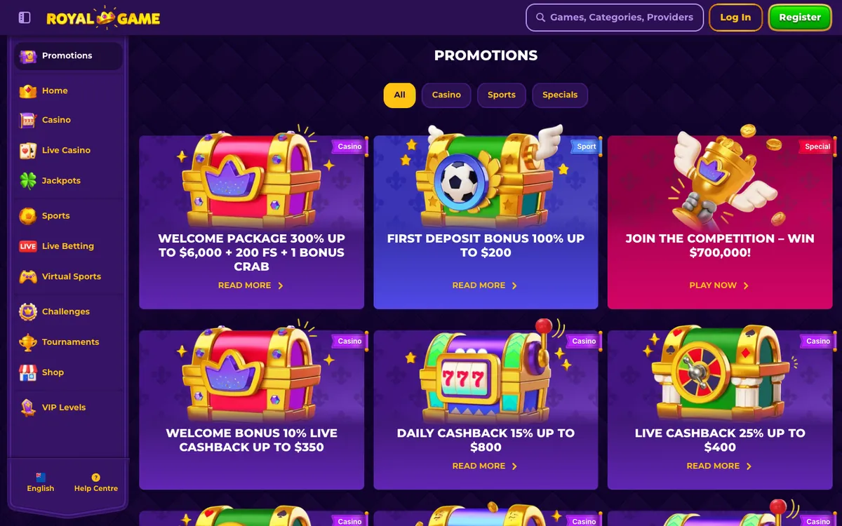 RoyalGame Casino — Promotions, captured from New Zealand