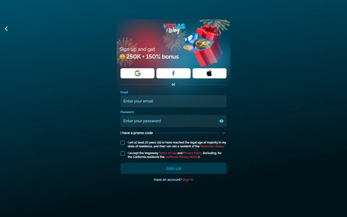 VegasWay Casino — Sign-up, captured from United States