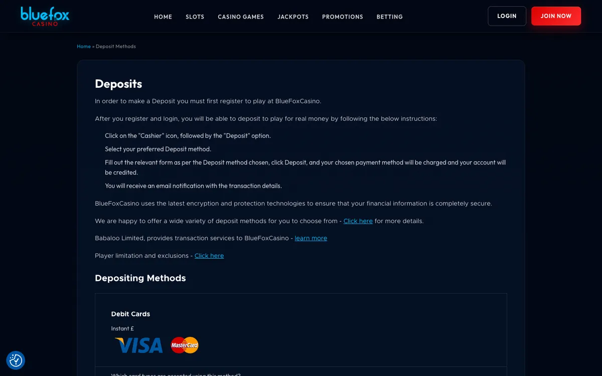 Bluefox Casino — «Платежи», снято из страны Испания