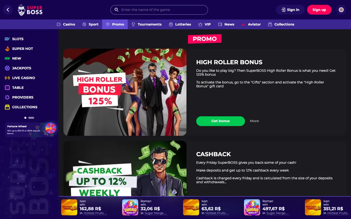 SuperBoss Casino — Promotions, captured from Brazil