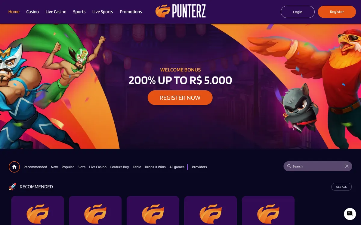 Punterz Casino — Home page, captured from Canada
