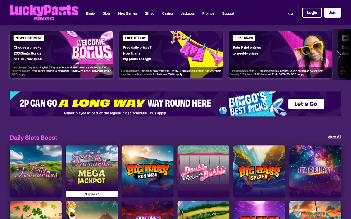 Lucky Pants Bingo Casino — Home page, captured from United Kingdom