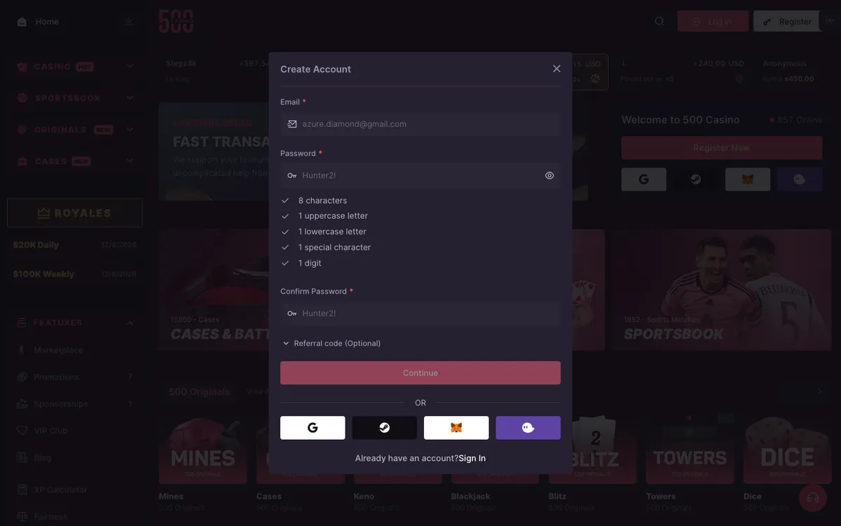 500 Casino — Sign-up, captured from Chile