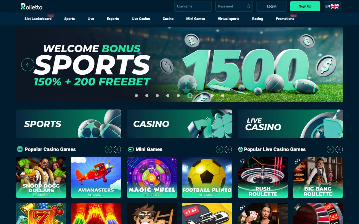 Rolletto Casino — Home page, captured from Canada