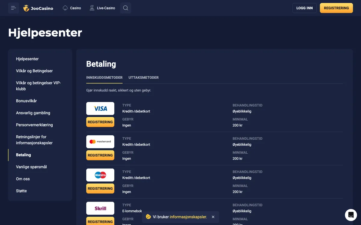 Joo Casino — Payments, captured from Norway