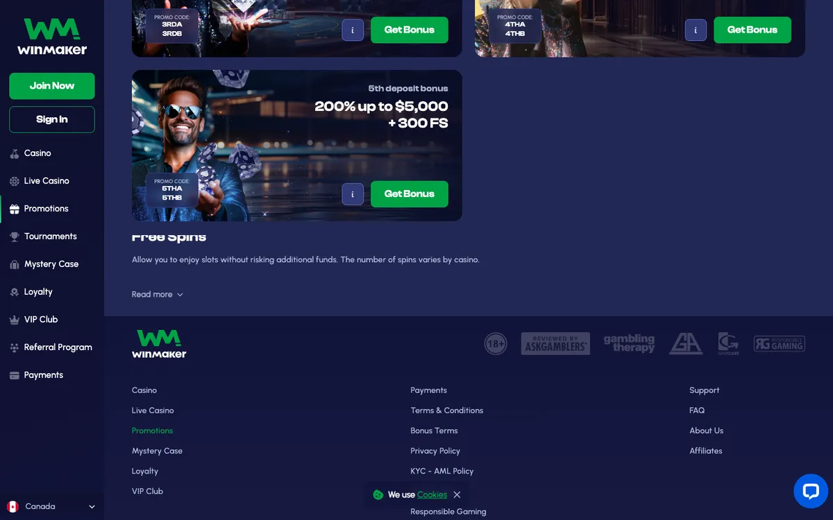 Winmaker Casino — Promotions, captured from Canada