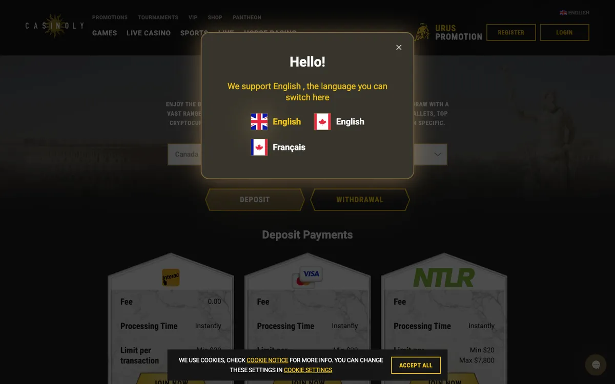 Casinoly Casino — Payments, captured from Canada