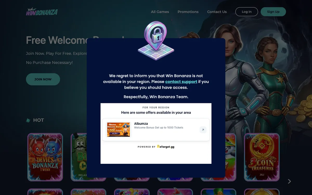 Win Bonanza Casino — Home page, captured from United States
