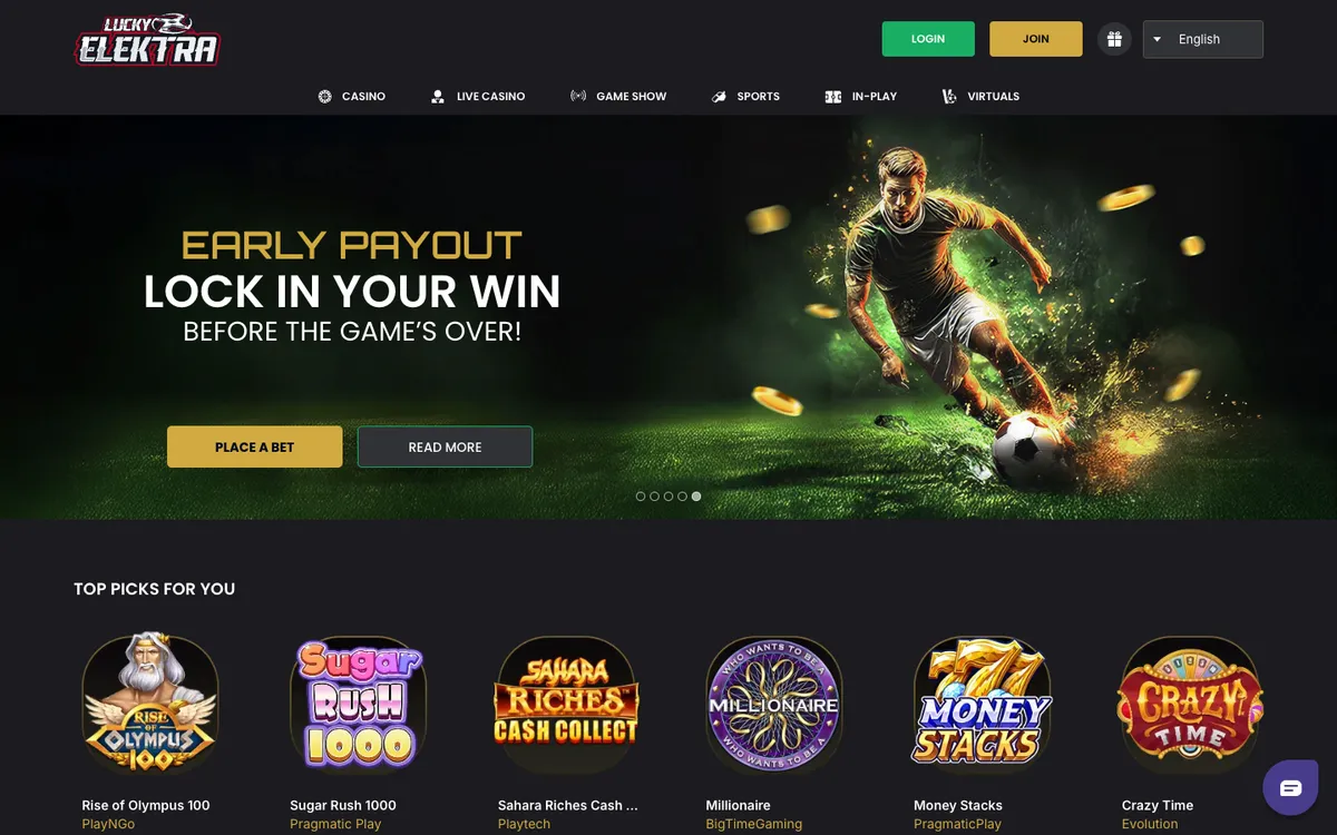 LuckyElektra Casino — Home page, captured from Italy