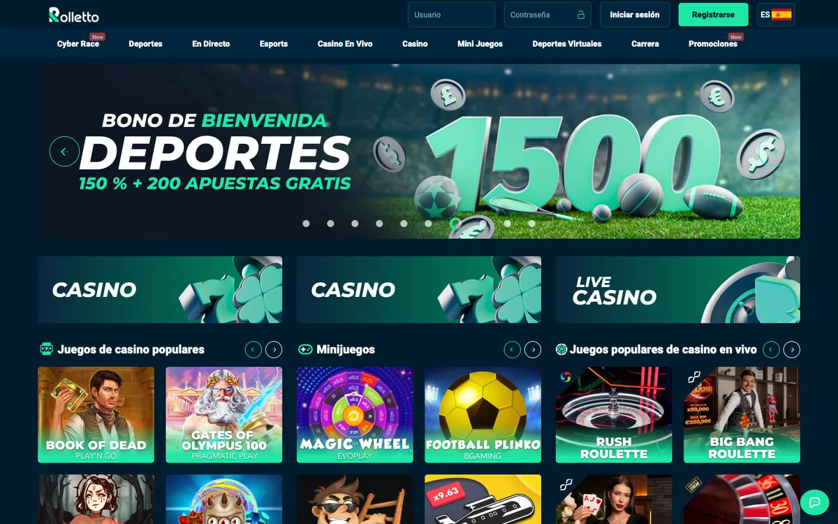 Rolletto Casino — Home page, captured from Spain