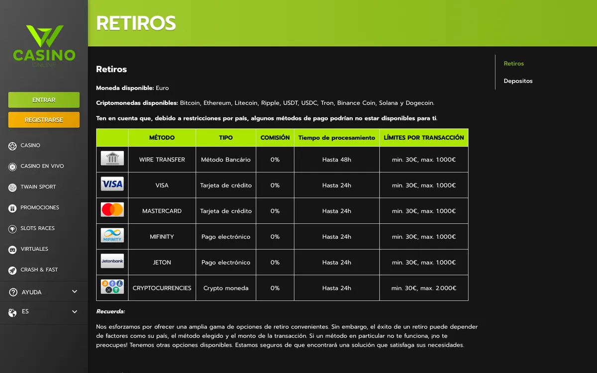 Wcasino Online — Payments, captured from Spain