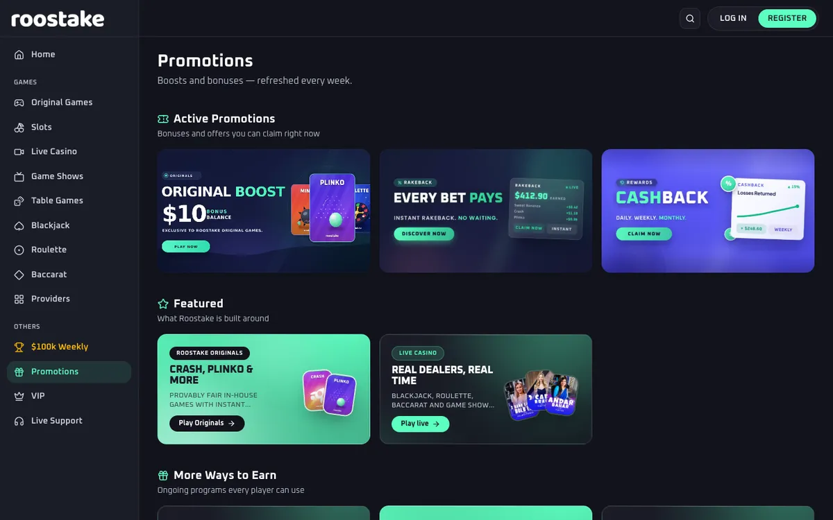 RooStake Casino — Promotions, captured from Portugal