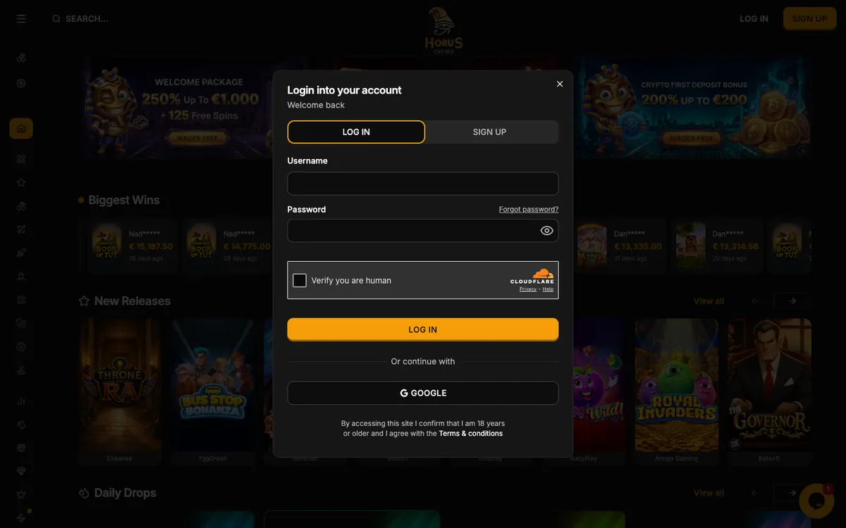 Horus Casino — «Регистрация», снято из страны Норвегия