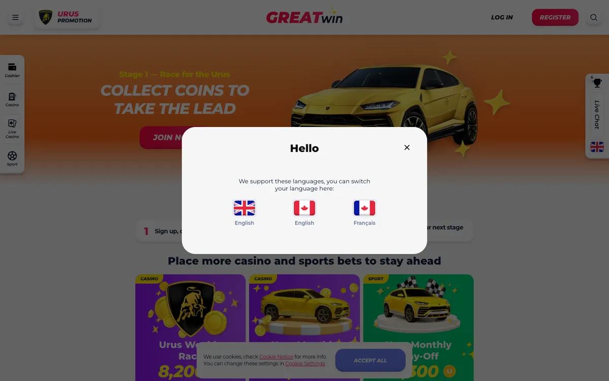 GreatWin Casino — «Акции», снято из страны Канада