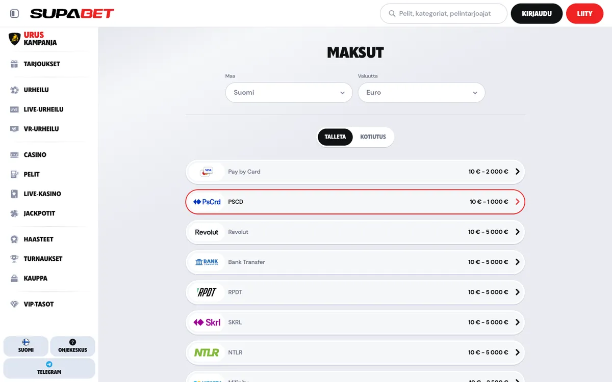 Supabet Casino — «Платежи», снято из страны Финляндия