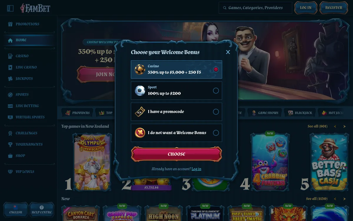FamBet Casino — «Регистрация», снято из страны Новая Зеландия