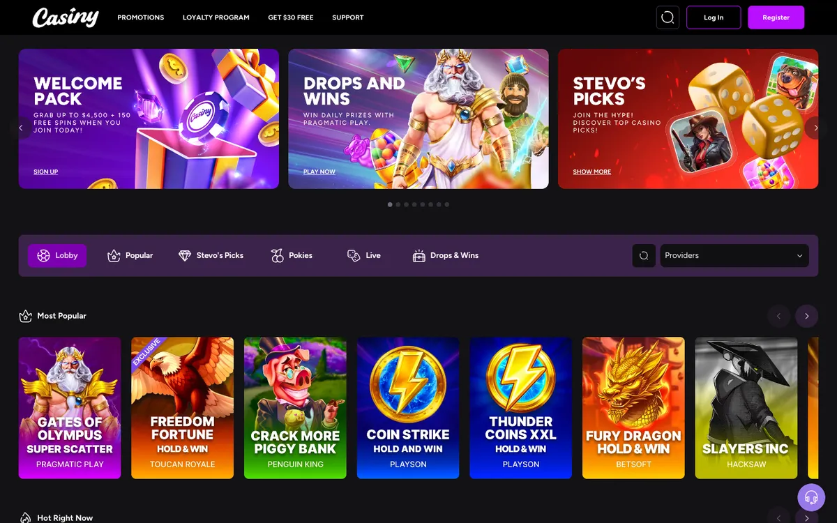Casiny Casino — Home page, captured from Canada