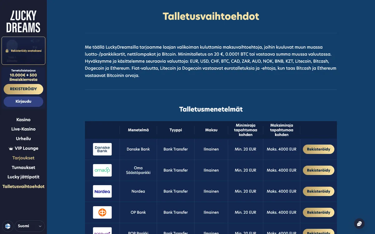 Lucky Dreams Casino — Payments, captured from Finland