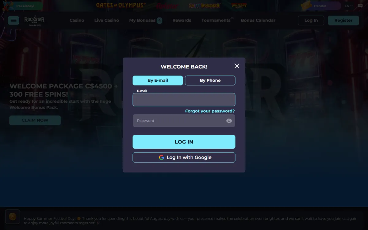 RockstarWin Casino — Sign-up, captured from Canada