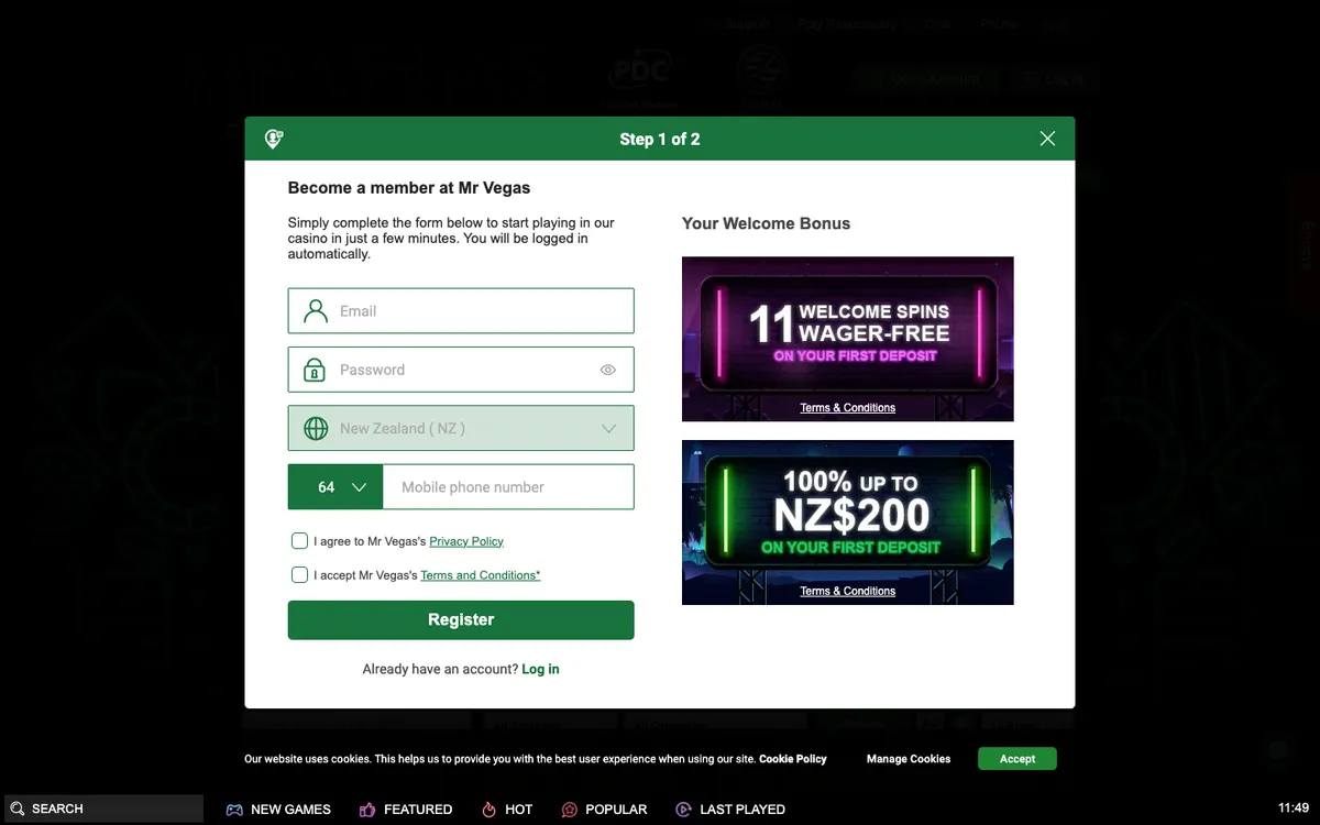 Mr Vegas Casino — Sign-up, captured from New Zealand