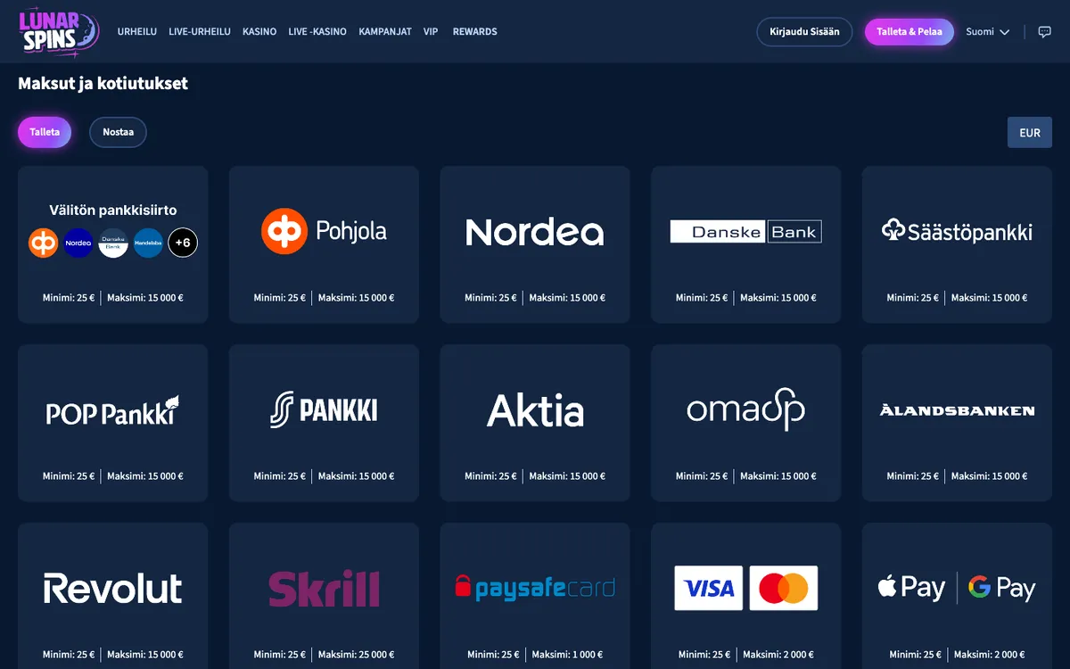 Lunarspins Casino — Payments, captured from Finland