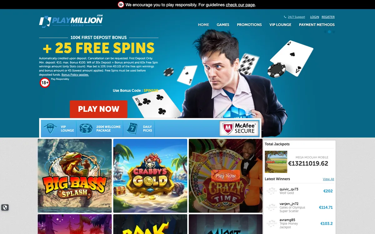 Play Million Casino — Home page, captured from Italy