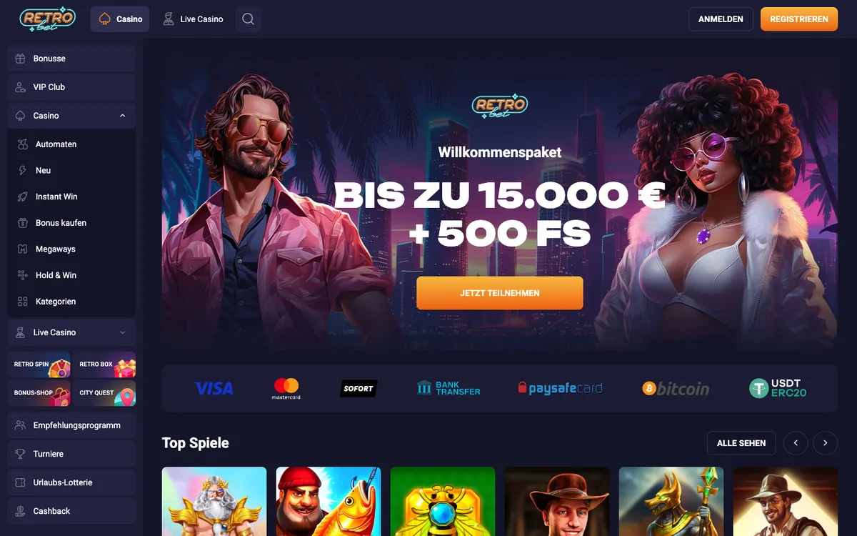 Retro Bet Casino — Home page, captured from Germany