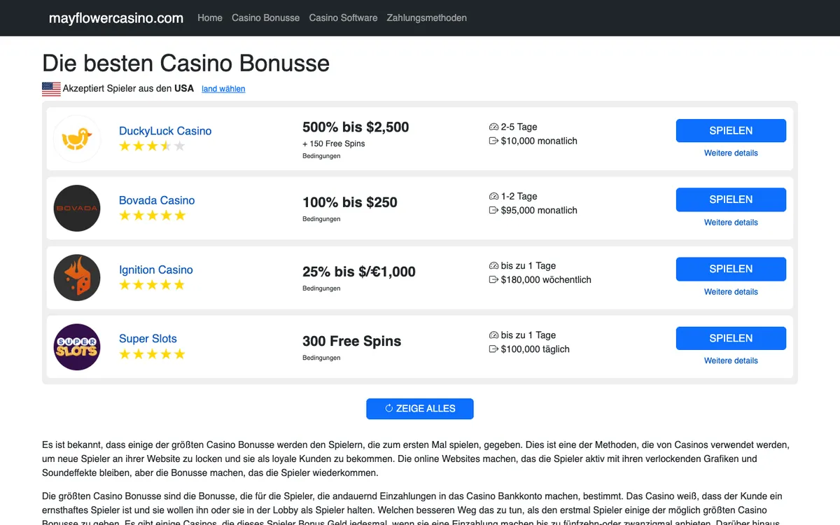 Mayflower Casino — Promotions, captured from United States