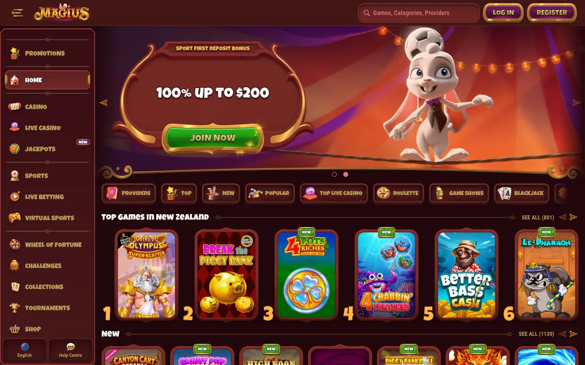 Magius Casino — Home page, captured from New Zealand