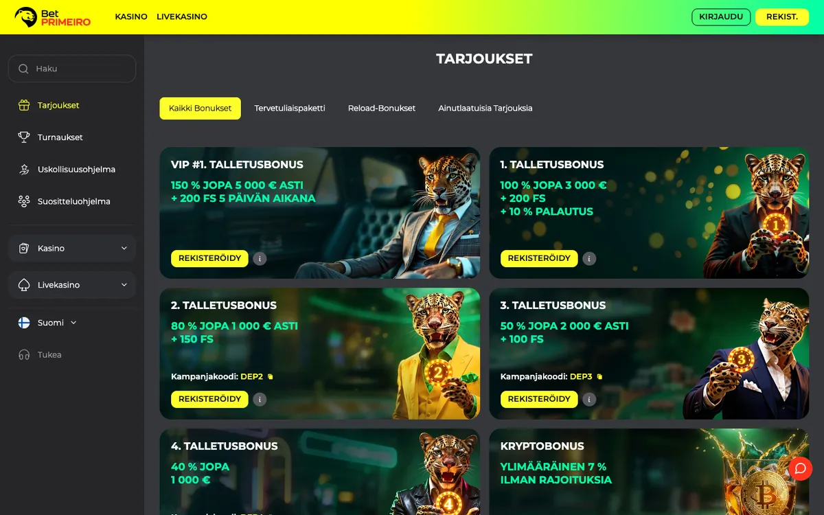 BetPRIMEIRO Casino — Promotions, captured from Finland