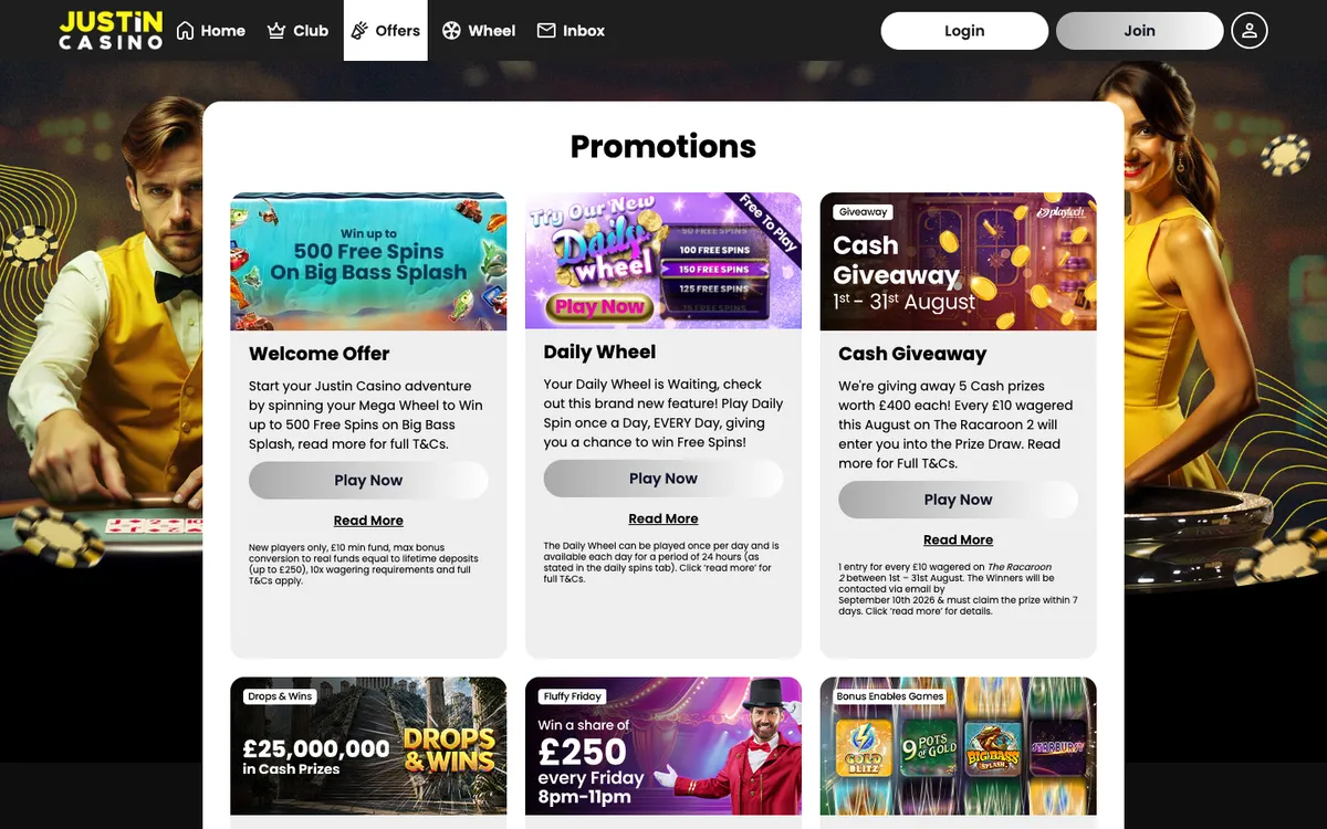 Justin Casino — Promotions, captured from United Kingdom