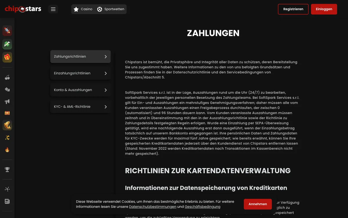 Chipstars Casino — Payments, captured from Austria