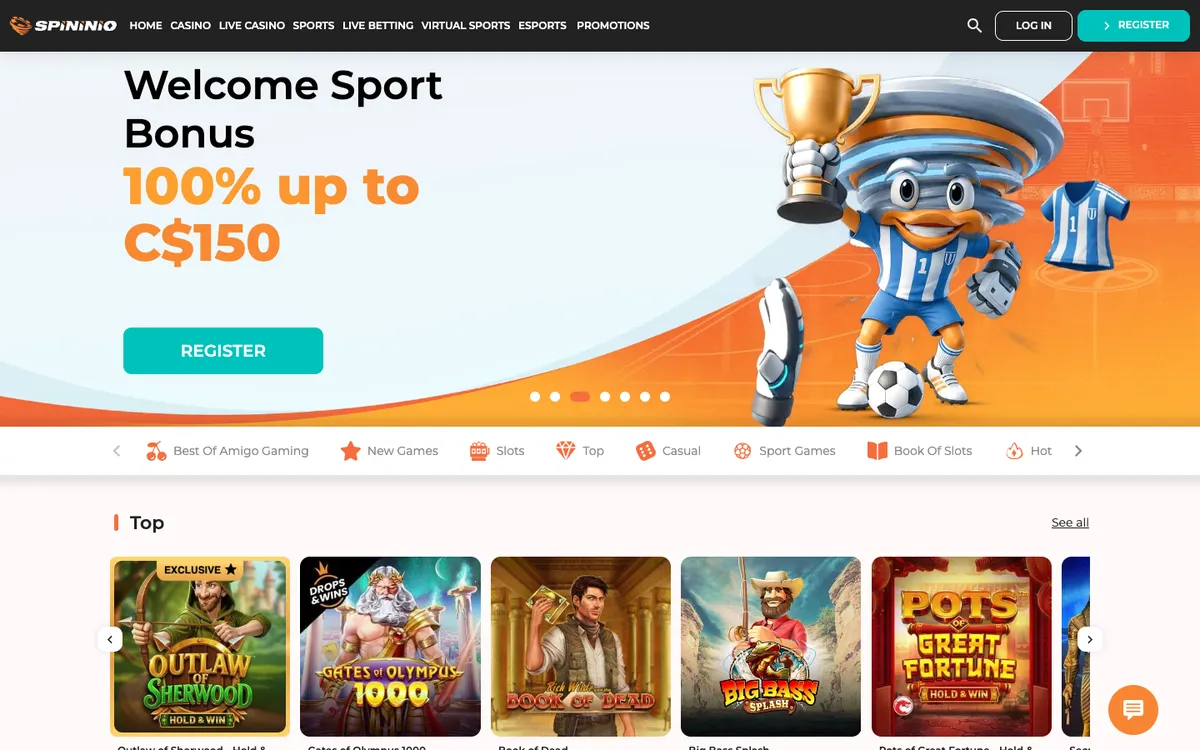 Spininio Casino — Home page, captured from Canada