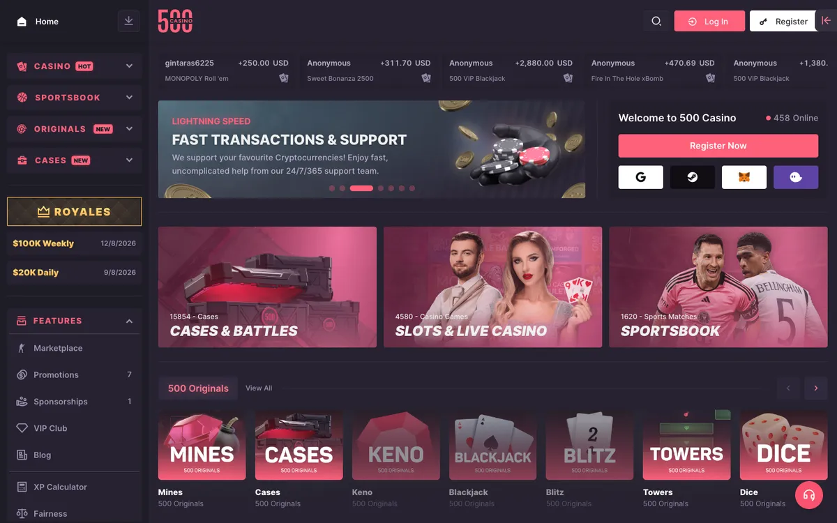 500 Casino — Home page, captured from Canada