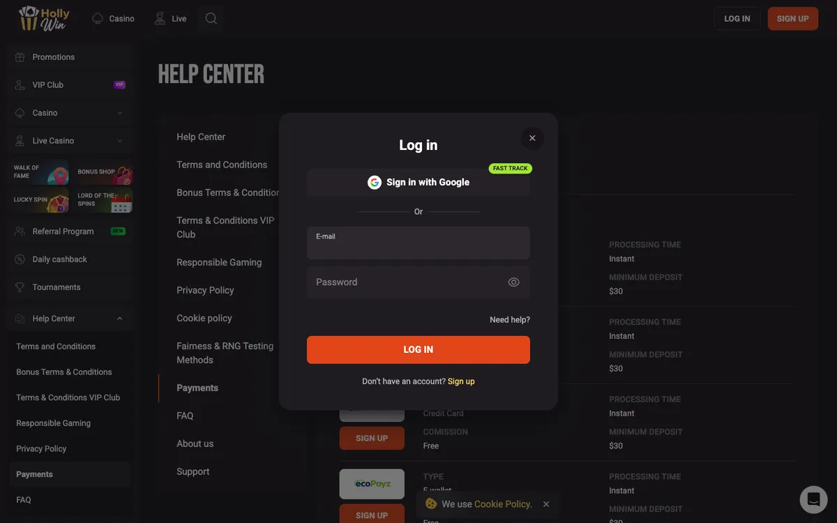 HollyWin Casino — Sign-up, captured from Canada