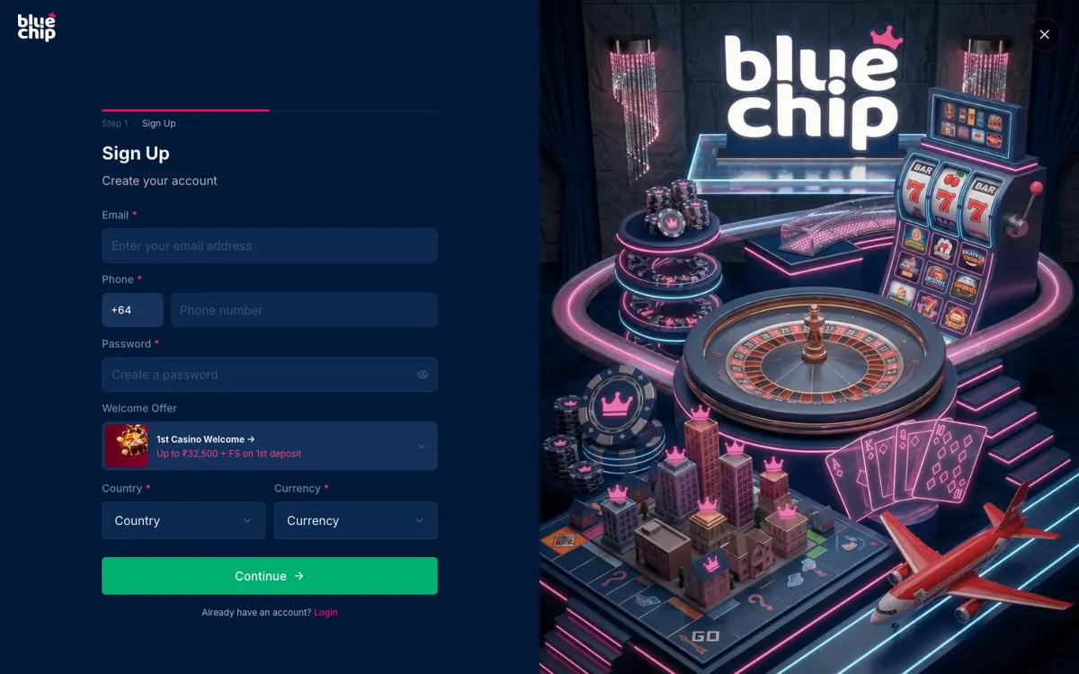 BlueChip Casino — «Регистрация», снято из страны Новая Зеландия