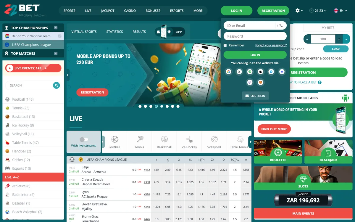 22bet Casino — Sign-up, captured from South Africa