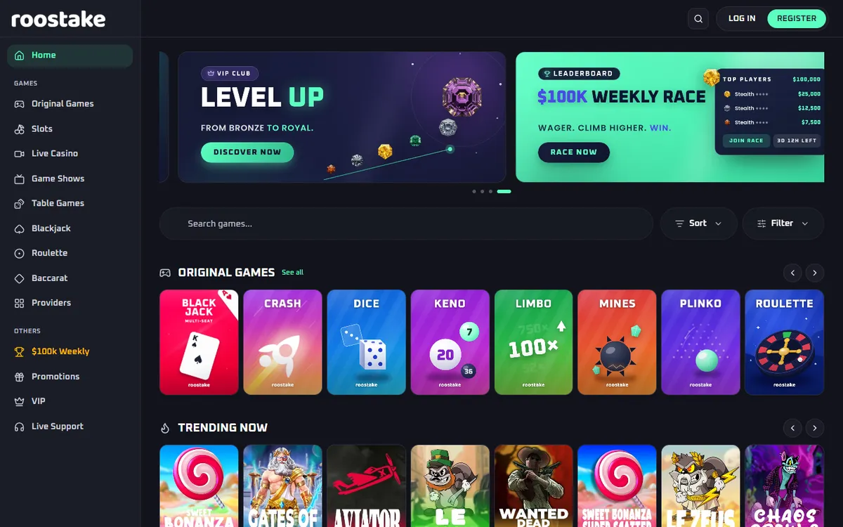 RooStake Casino — Home page, captured from Canada