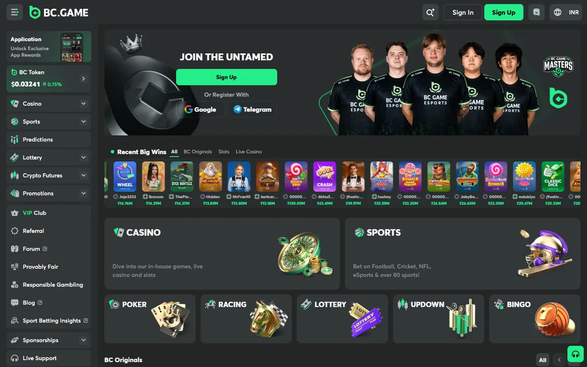 BC.Game Casino India — Home page, captured from India