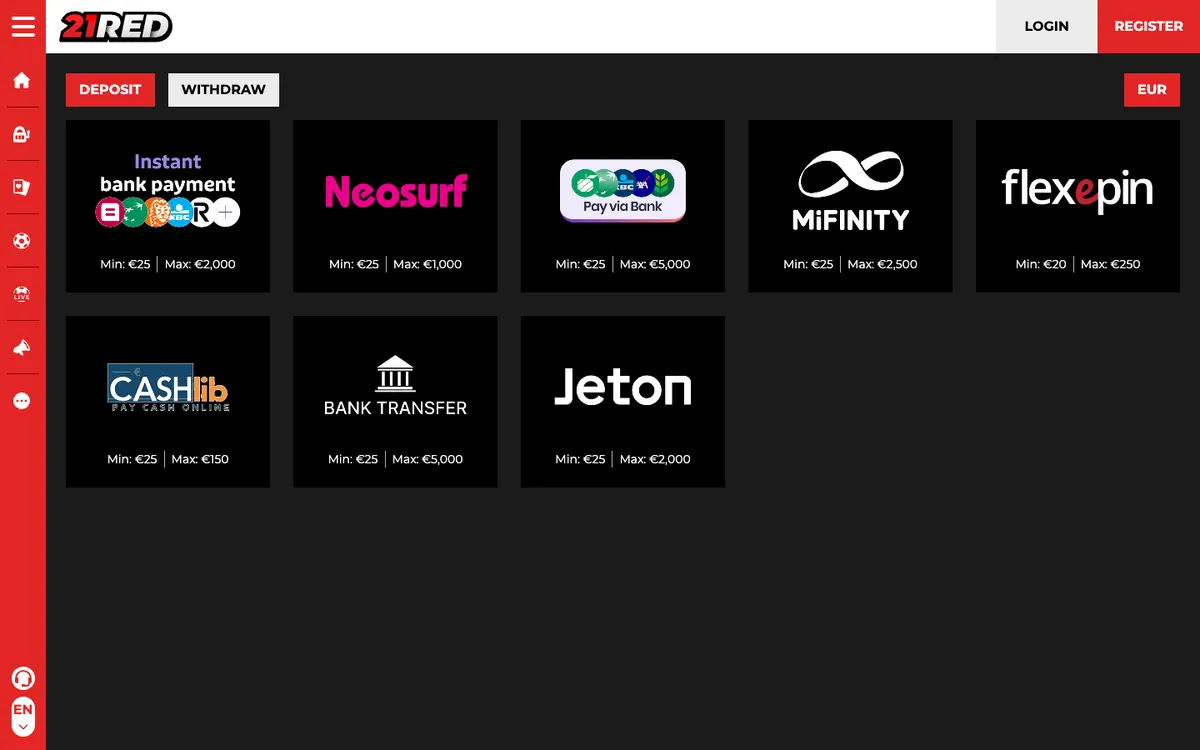 21.red Casino — Payments, captured from Belgium