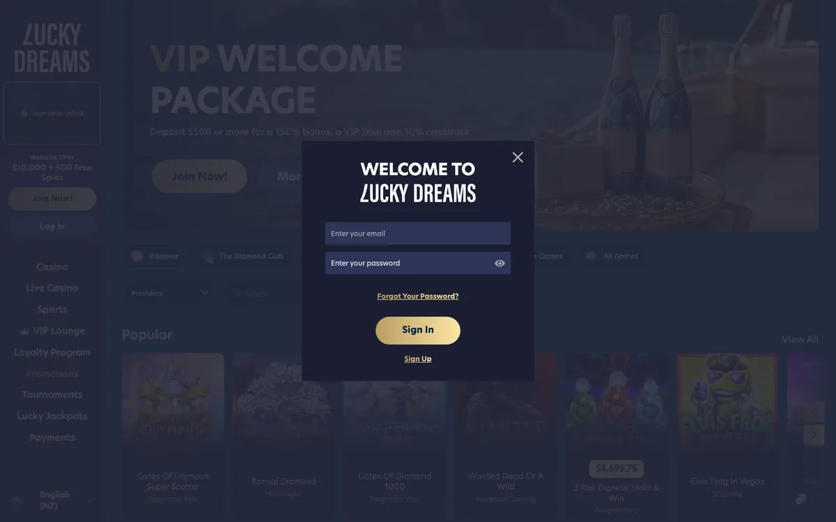 Lucky Dreams Casino — «Регистрация», снято из страны Новая Зеландия