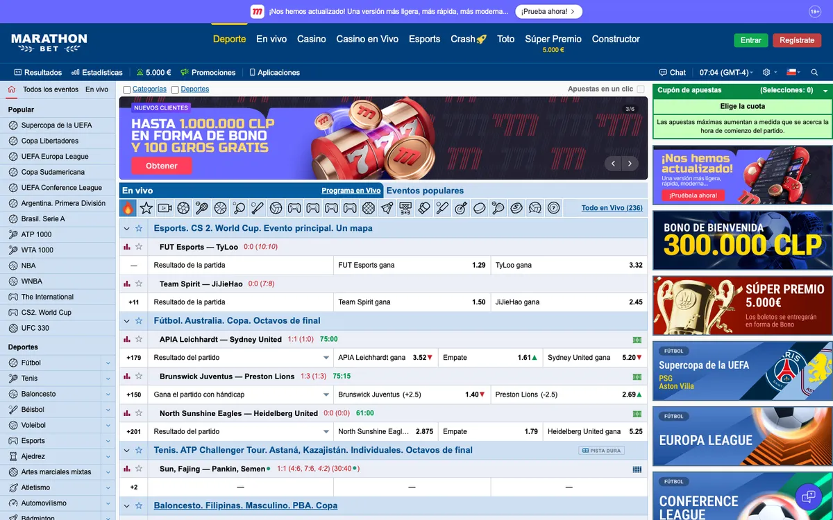 Marathonbet Casino — Home page, captured from Chile