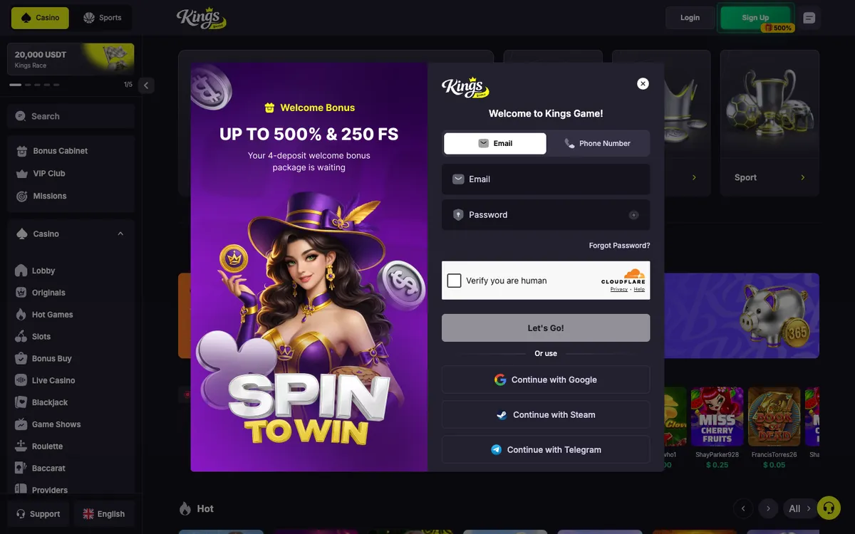 Kings Game Casino — Sign-up, captured from Canada