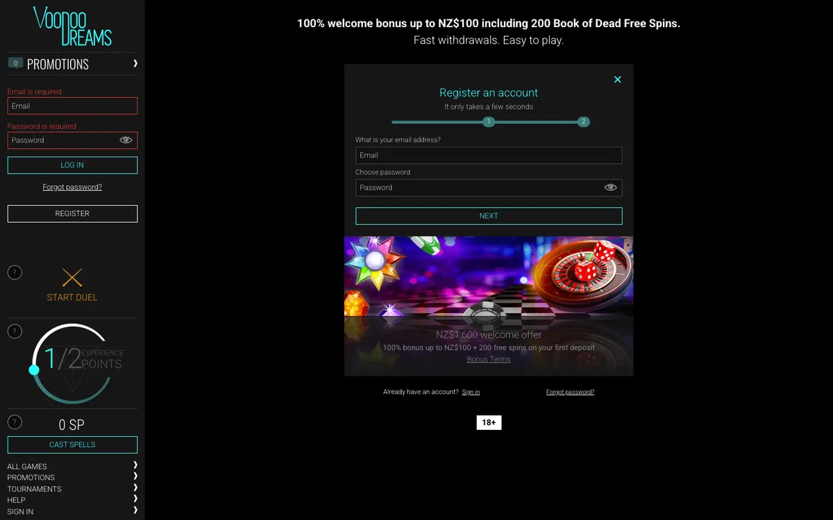 VoodooDreams Casino — Sign-up, captured from New Zealand